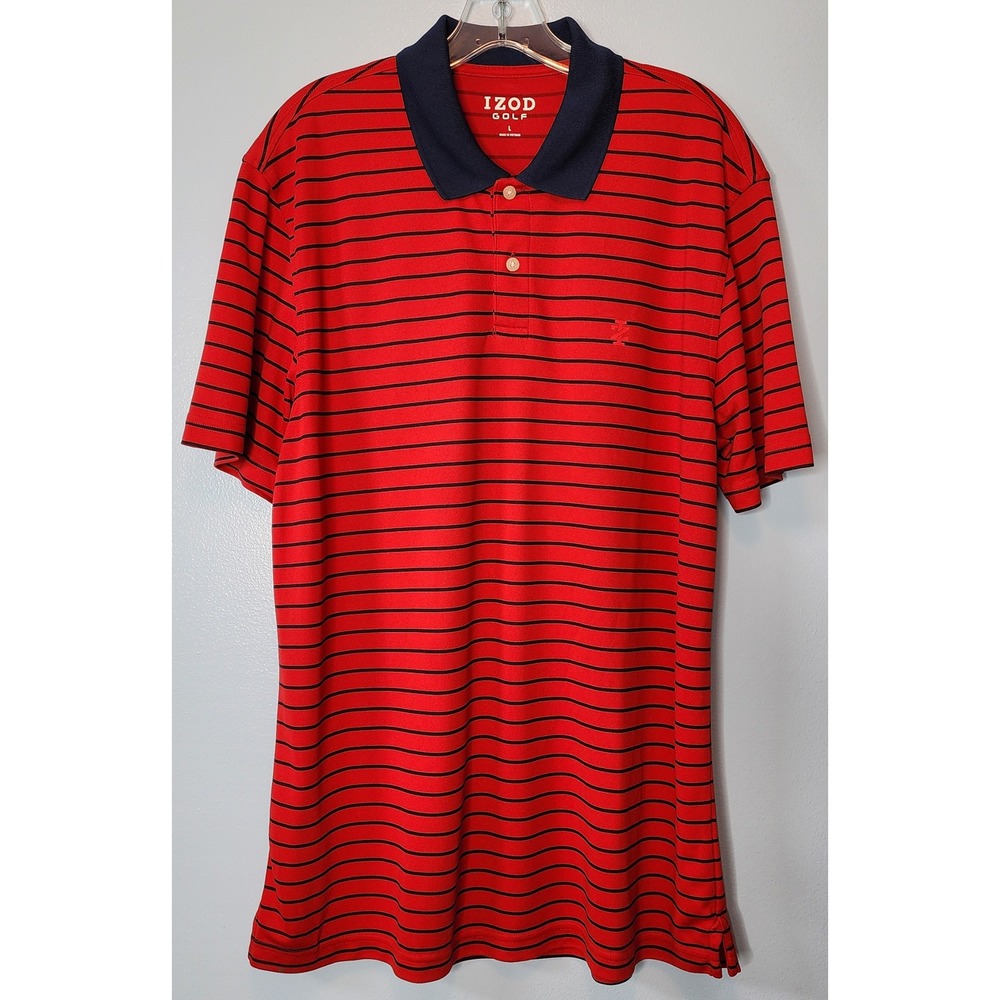 IZOD Golf Polo Shirt Mens L Red Navy Striped Short Sleeve Pique Knit EXC